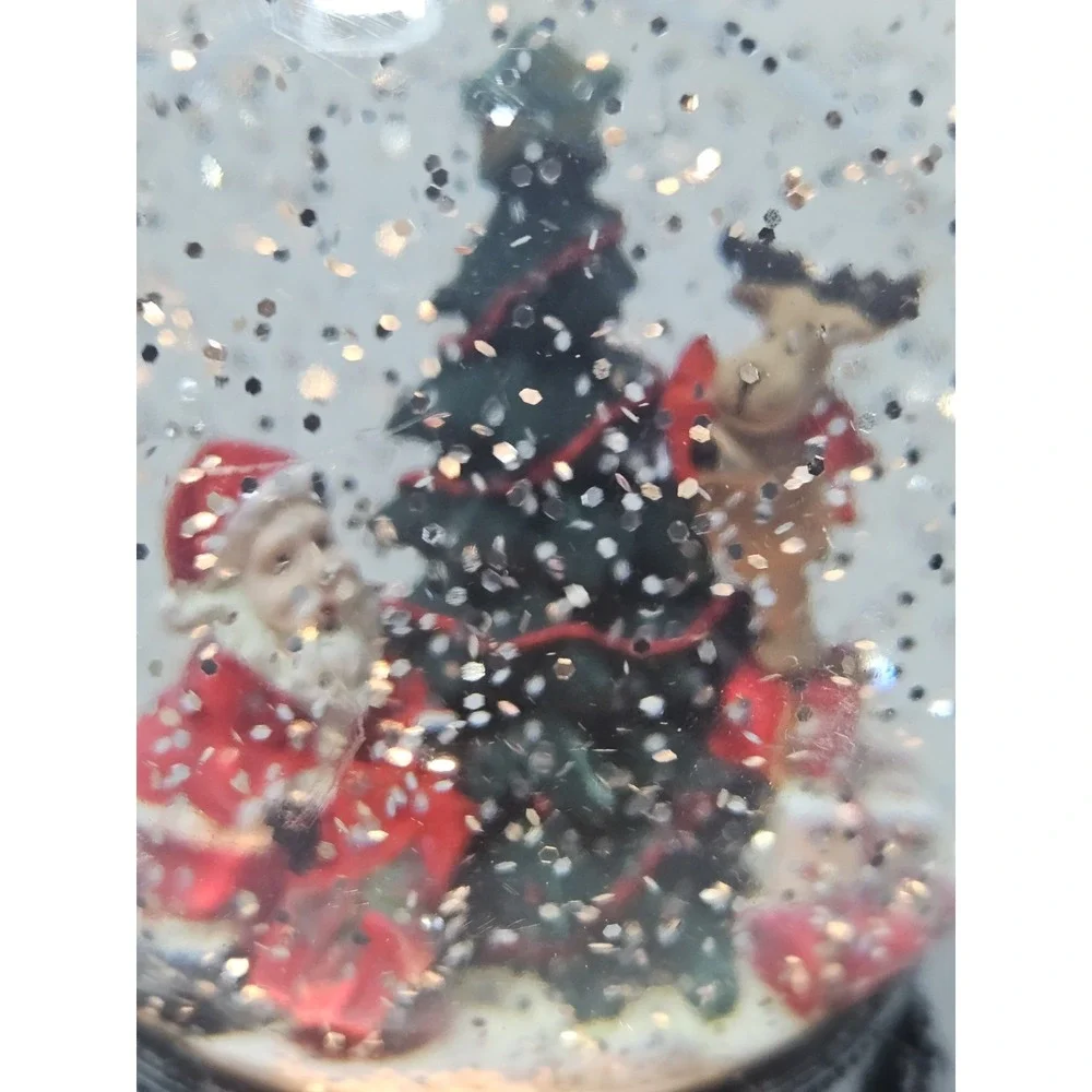 Lighted Christmas Tree Snow Globe Swirling Glitter Plastic Dome Black Filigree